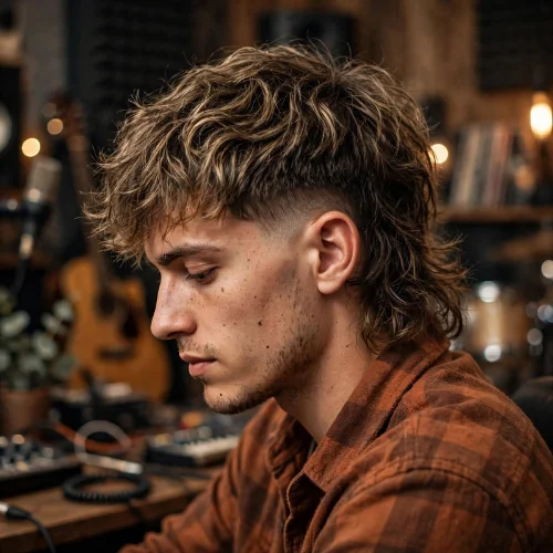 Shaggy burst fade mullet with highlighted wavy shaggy layers and relaxed mullet back