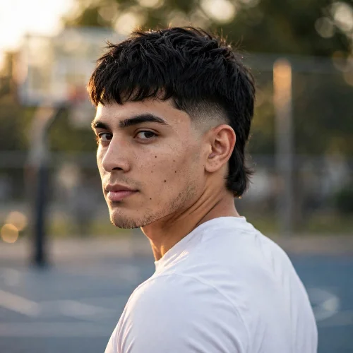 Short burst fade mullet haircut with textured crop top and short mullet back