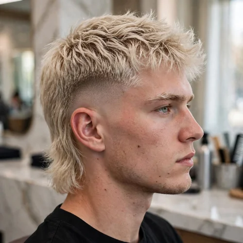 Skin burst fade mullet haircut with bleached blonde textured crop top