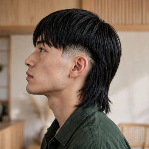 Side profile of straight hair burst fade mullet featuring smooth black straight hair with clean burst fade and long back