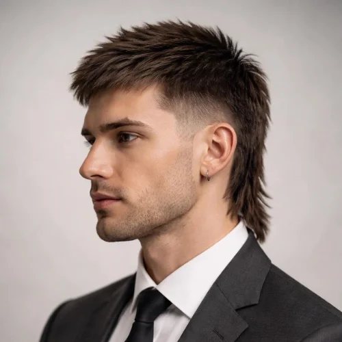 Taper burst fade mullet haircut for men with textured short top and formal look