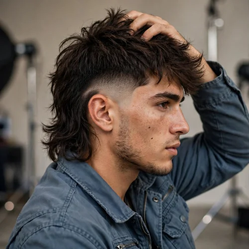 Textured burst fade mullet with messy wavy top and voluminous layered back