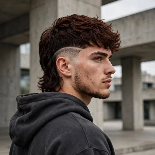 Undercut burst fade mullet with textured choppy fringe and undercut line design