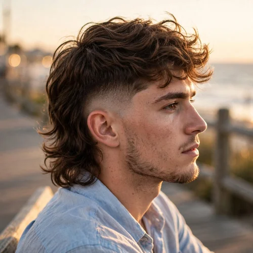 Side profile of wavy hair burst fade mullet featuring loose natural waves and faded sides with long back