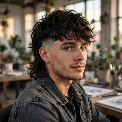 Side profile of wolf cut burst fade mullet featuring messy shaggy wolf cut layers with curtain bangs, clean burst fade and flowing curly mullet back
